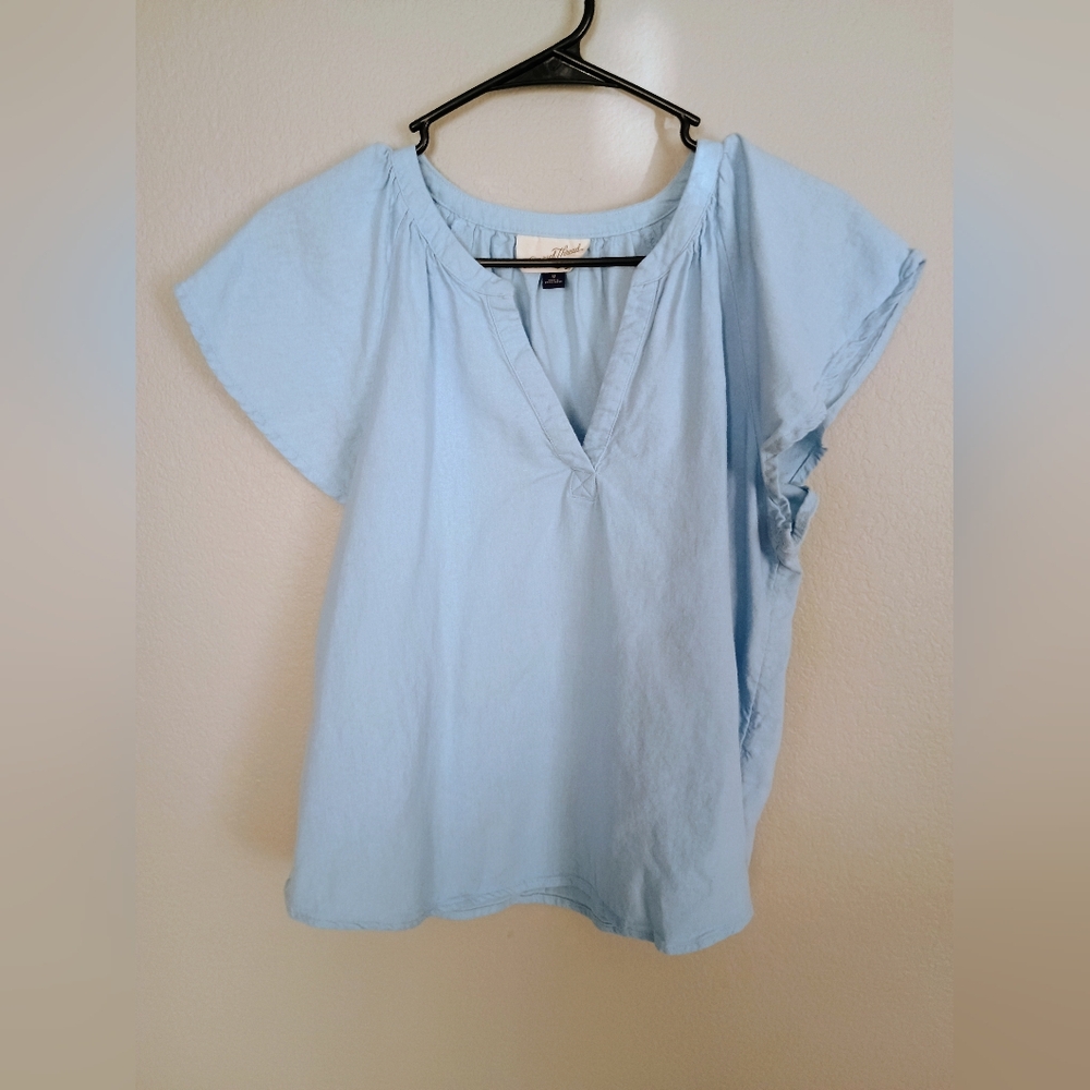 Universal Thread Women's Blue Linen Casual Top Blouse V Neck Short Sleeve M